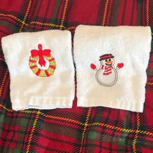 Festive Holiday Hand Towels - White with Wreath and Snowman Accents